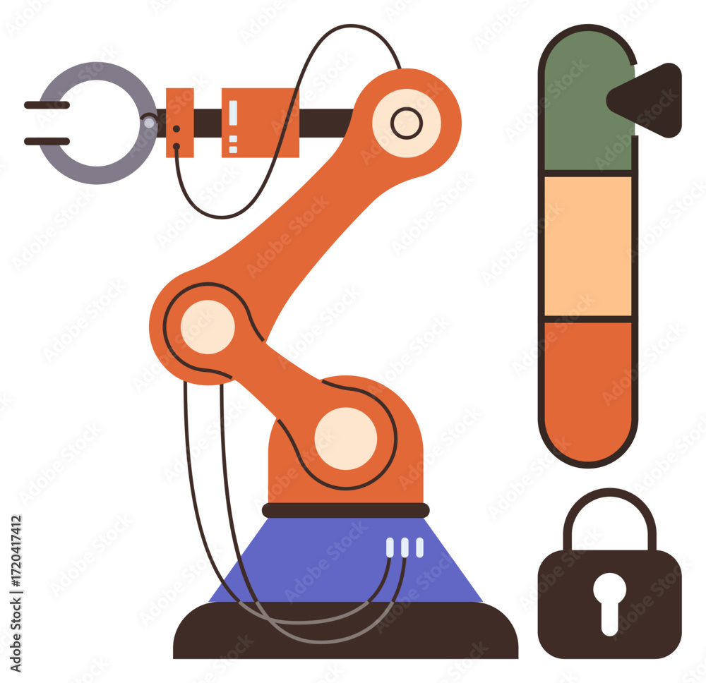 Poster robotic arm in operation beside a three-level progress meter and padlock symbolizing automation, eff