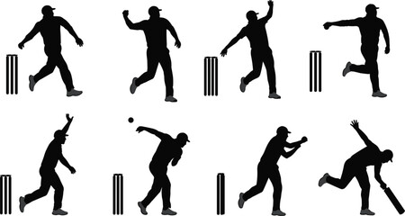 Black Silhouettes of Cricket Players Isolated on a White Background, Demonstrating the Bowling, Batting, and Running Action Poses, Sports, Recreation.
