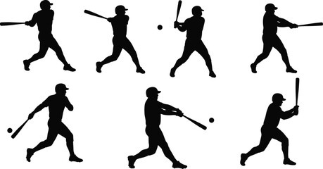 Black Silhouettes of Baseball Players Isolated on a White Background, Demonstrating the Batting and Swinging Action Poses, Sports, Recreation.
