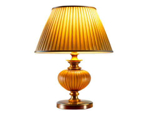 Ornate golden table lamp with pleated yellow shade and ribbed base cutout png isolated on a transparent background