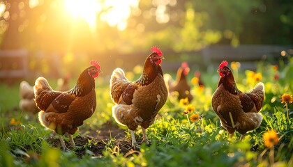 Warm sunset illuminates a group of chickens foraging in a garden. Other fowl are blurred in the background amongst flowers