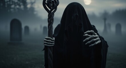 Eerie Grim Reaper in a foggy graveyard with a skull staff, perfect for Halloween designs, horror movie posters, or macabre themed artwork. Death, mystery and fear.