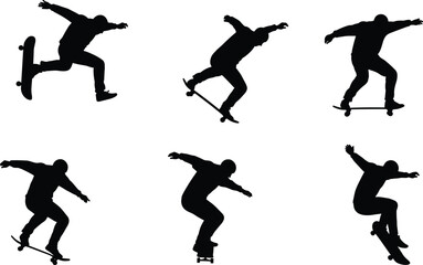 Black Silhouettes of Skateboarders Isolated on a White Background, Demonstrating Various Tricks and Action Poses, Extreme Sports, Urban Lifestyle.