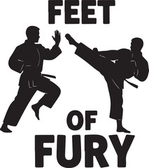 Dynamic martial arts silhouette of two karate fighters performing powerful kicks and punches in action focused on their feet. isolated on transparent background