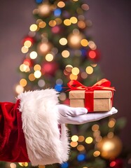 Santa's hand holds a gift in front of a Christmas tree