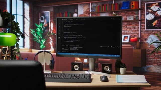 UI on computer monitor in home office with programming script being executed. Empty modern apartment room with coding application used by remote employee to write code, jib up shot