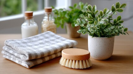 Wooden Scrubbing Brush with Bristles Near Stacked Cloth and Green Plants on Wooden Surface in Bright Indoor Setting Highlighting Eco Friendly Cleaning