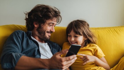 A close-up of a father and daughter sitting on a light-colored sofa. The father holds a smartphone with a plain black screen.