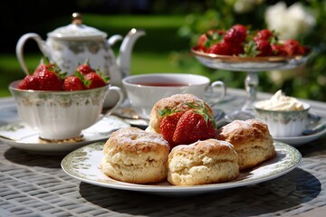 Delicious afternoon tea with scones, strawberries, clotted cream, tea and a teapot in the garden