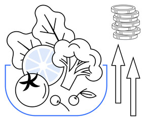 Fruits, vegetables in bowl with coins stacked beside upward arrows, reflecting nutrition, price trends, investments. Ideal for health, economy, sustainability growth wellness food market. Simple