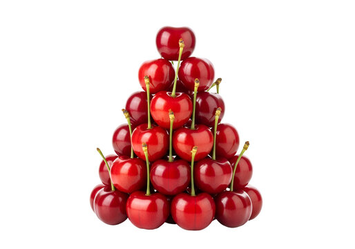 A vibrant arrangement of fresh cherries creates a striking triangular pyramid against a stark black background.