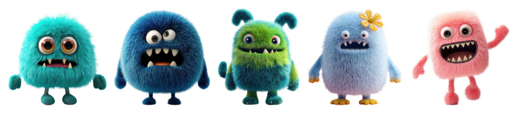 PNG Colorful fuzzy cartoon monsters, element set on transparent background