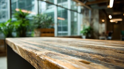 Medium shot of a sleek ecofriendly desk made from reclaimed wood highlighting sustainable design with the background softly blurred to emphasize green building compliance.