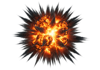 A powerful explosion radiates outwards, showcasing intense fire and smoke against a dark background.