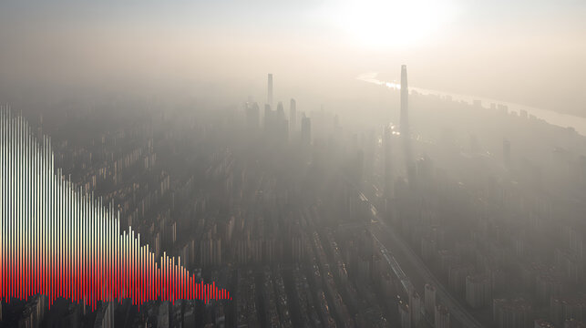 Aerial view of a fog-covered urban skyline with a digital waveform overlay