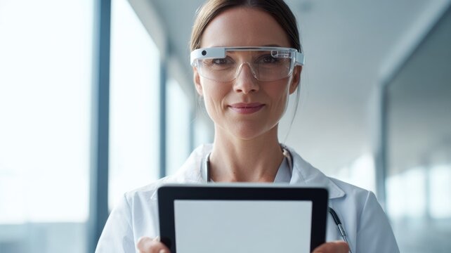 Close-up portrait of a female doctor in a clean, daylit medical room.