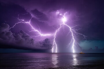 Spectacular lightning storm over ocean with dramatic purple sky and boat