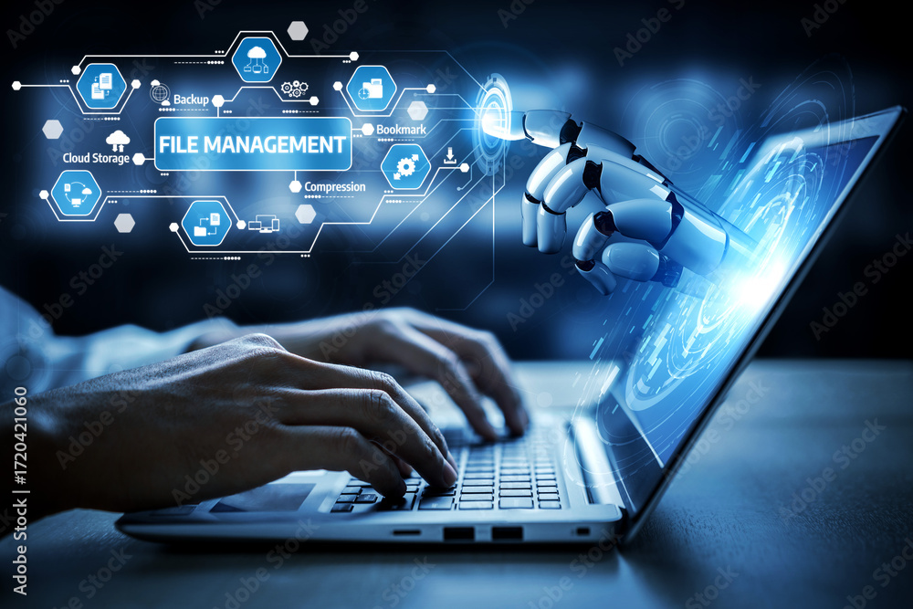 Poster a robotic hand interacts with a laptop showcasing file management concepts, emphasizing automation a
