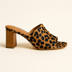leopard-skin heeled mules, side view AI generated
