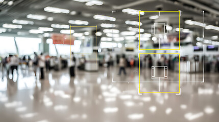 Blurred interior of a busy public space with overlaid detection boxes highlighting areas of interest
