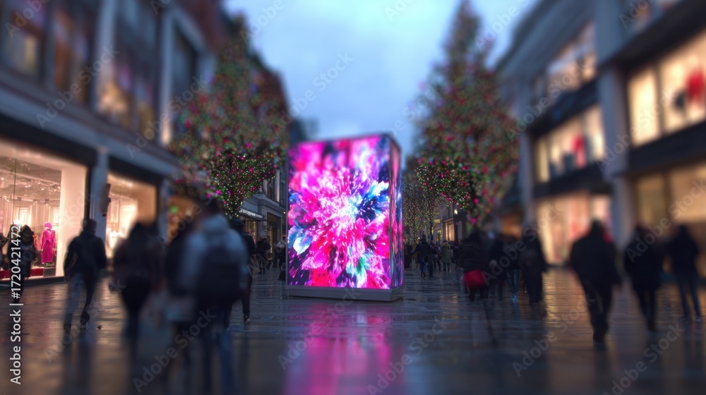 Poster medium shot of vibrant led digital signage glowing brightly with focused sharpness on the screen whi