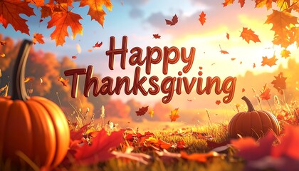 Warm Thanksgiving scene with pumpkins, autumn leaves, and the greeting "Happy Thanksgiving" under a bright, sunny sky