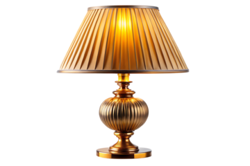 Ornate golden table lamp with pleated shade and ribbed base cutout png isolated on a transparent background