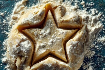 Captivating star-shaped cookie dough with a dusting of flour set against a textured culinary backdrop showcasing the artistry of baking and the joy of festive pastry preparation