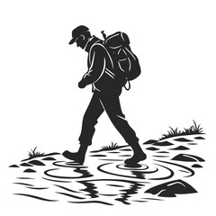 Hiker wading through stream silhouette