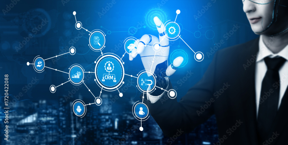 Poster a sleek businessman interacts with a dynamic digital interface, accessing crm information in a moder
