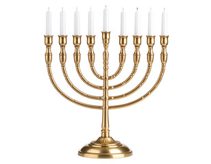 Fototapeta premium A beautifully crafted golden menorah with nine candle holders, symbolizing tradition and celebration in various cultures.