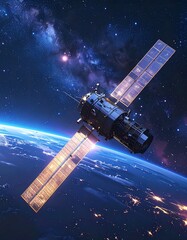 Satellite orbiting Earth against a starry night sky