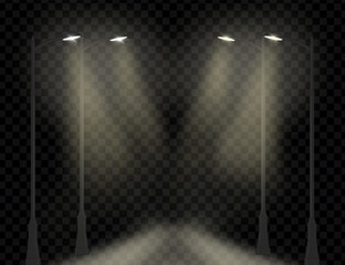 Street lamps, road and park lighting on a transparent background. Lighting for roads, highways, parks, paths, and sidewalks. Vector illustration.