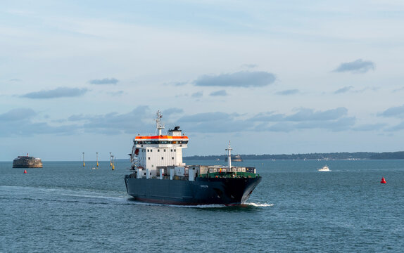 Portsmouth England UK. 07.09.2025. MV Arrow cargo ship with deck carge of trailers inbound to Portsmouth Harbour southern England UK.