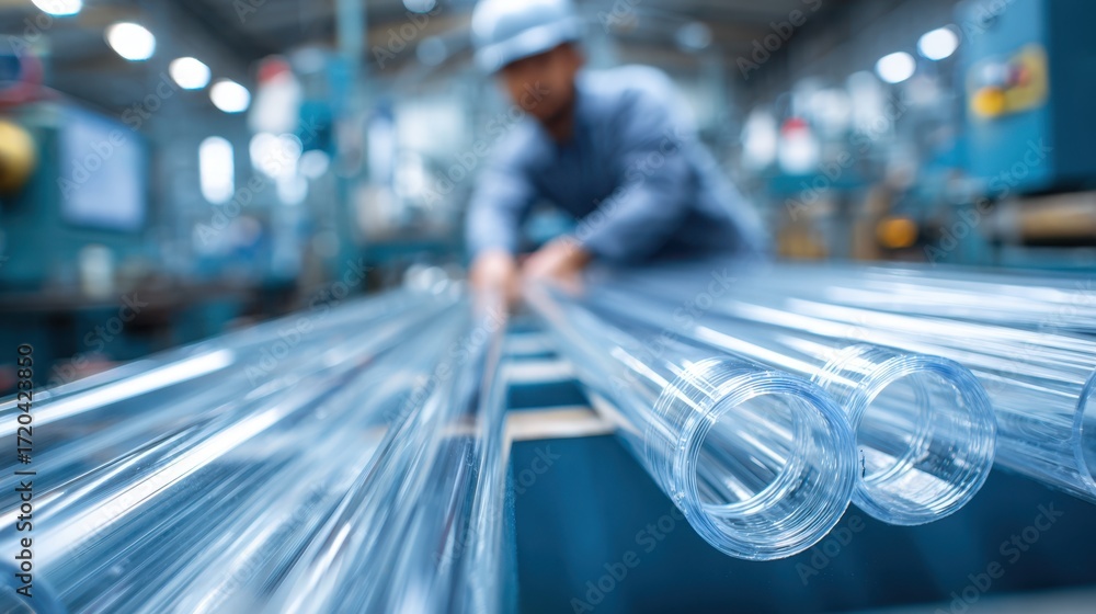 Poster medium shot of a worker inspecting rigid plastic pipes in a factory setting clear focus on the pipe 