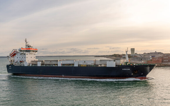 Portsmouth England UK. 07.09.2025. MV Arrow cargo ship with deck carge of trailers inbound to Portsmouth Harbour southern England UK.