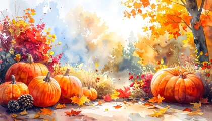 Watercolor scene of pumpkins resting amidst vibrant foliage, leaves scattered on ground. Autumn colors dominate