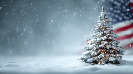 Christmas tree on snow with decorations and the American flag waving in the background