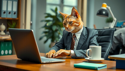 Cat in a suit sitting at a desk working on a laptop with a coffee cup in an office setting Generative AI