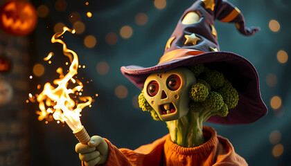 Broccoli character in a wizard hat holds a glowing wand and creates flames in a festive Halloween setting Generative AI