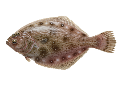 A full-shot, -lit image of a flounder, exhibiting a speckled pattern and showcasing its anatomical details against a pure black background.