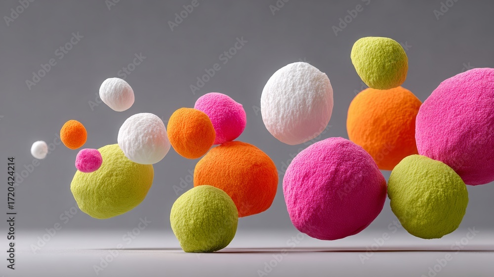 Poster bunch of colorful balls are flying through the air. the balls are of different colors and sizes, cre