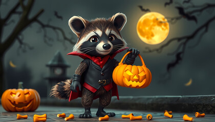 Raccoon in a vampire costume holding a pumpkin bucket during a spooky Halloween night Generative AI