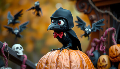 Cute black crow character on a pumpkin with spooky decorations during Halloween season in a festive outdoor setting Generative AI