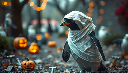 Penguin dressed as a mummy in a decorated outdoor space during Halloween festivities Generative AI
