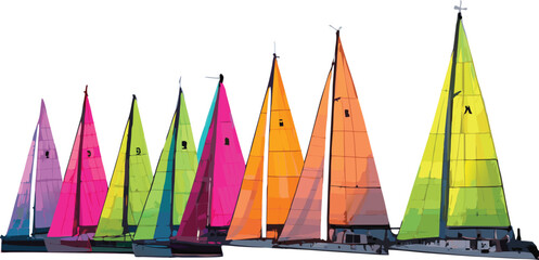 Neon-colored sailing boats arranged in symmetry