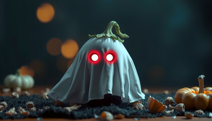 Creative ghost decoration made from pumpkin and fabric illuminated with glowing red eyes for Halloween celebrations at night Generative AI