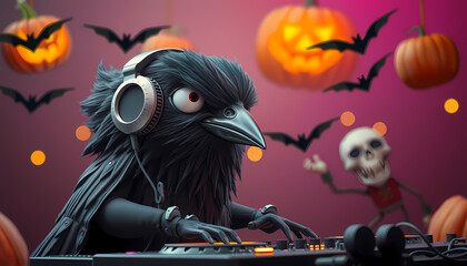 Creative Halloween party scene featuring a raven DJ with spooky decorations and a dancing skeleton Generative AI