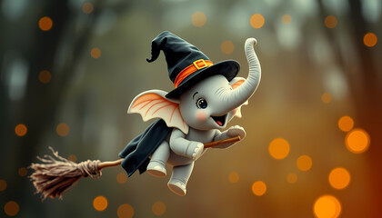 Cute elephant dressed as a witch flying on a broomstick during Halloween festivities in a magical forest setting Generative AI