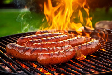 Barbegue Grill with Flames and fresh meat